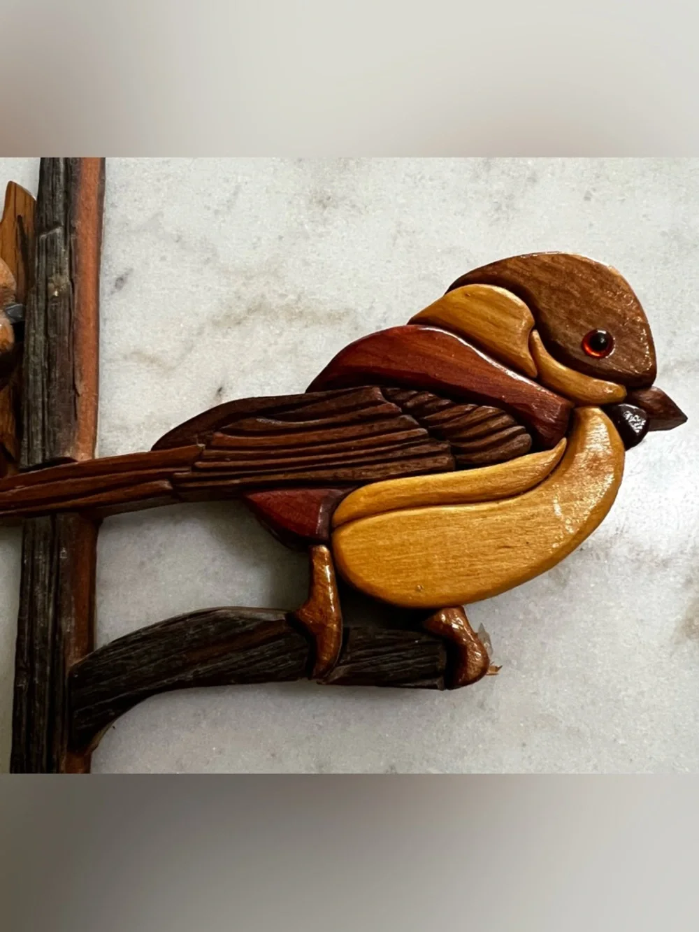 Handcrafted Intarsia Wood Bird Chickadee Wall Hanging Art Glass Eye.